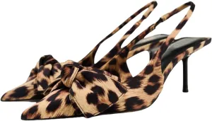 Leopard Kitten Heels Bow Sandals for Women Closed Point Toe Sling Back Heels Sandals