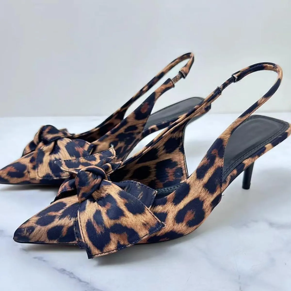 Leopard Kitten Heels Bow Sandals for Women Closed Point Toe Sling Back Heels Sandals