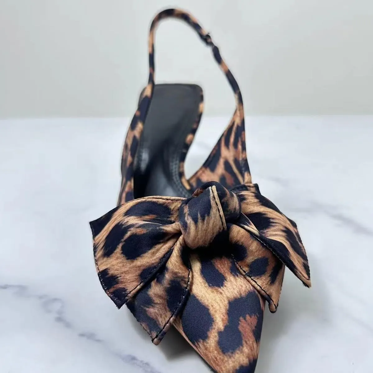 Leopard Kitten Heels Bow Sandals for Women Closed Point Toe Sling Back Heels Sandals