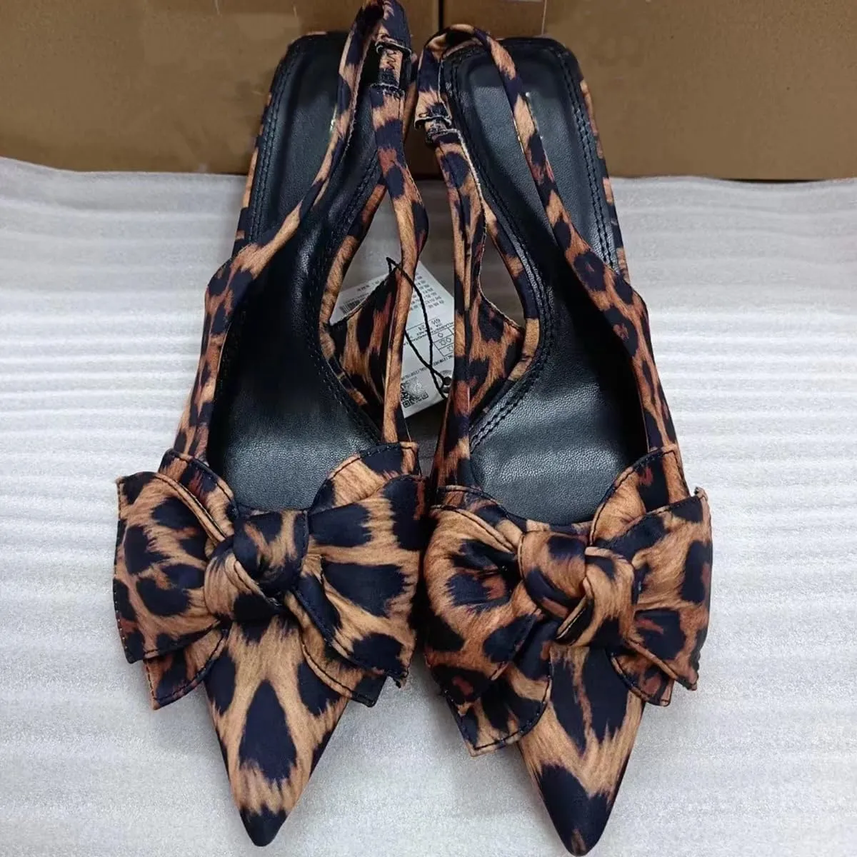 Leopard Kitten Heels Bow Sandals for Women Closed Point Toe Sling Back Heels Sandals