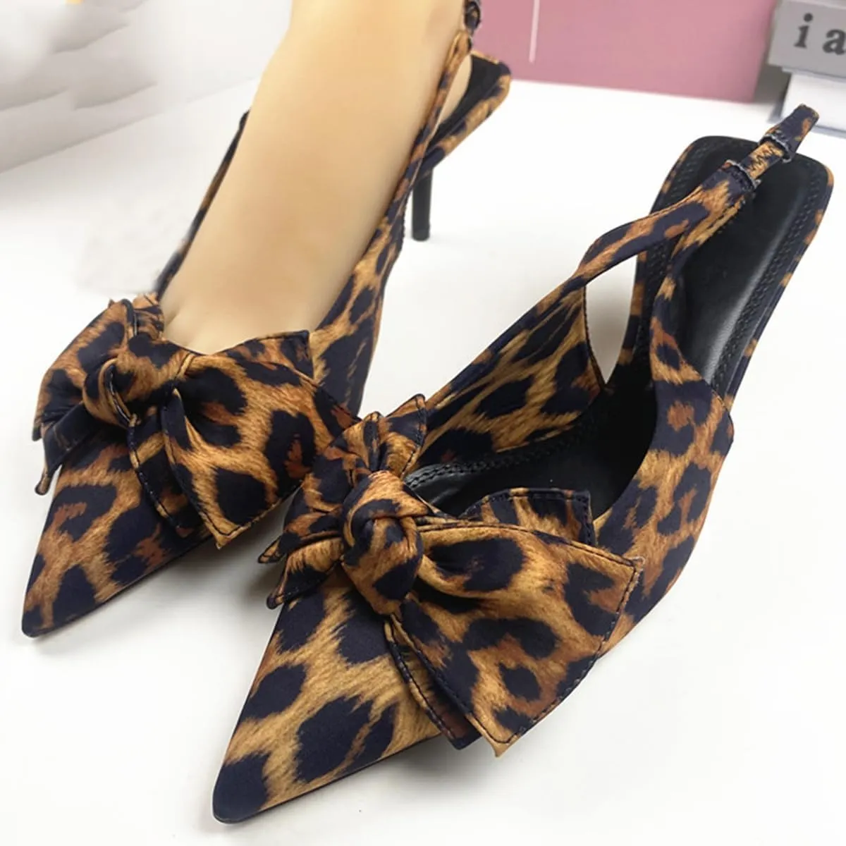 Leopard Kitten Heels Bow Sandals for Women Closed Point Toe Sling Back Heels Sandals