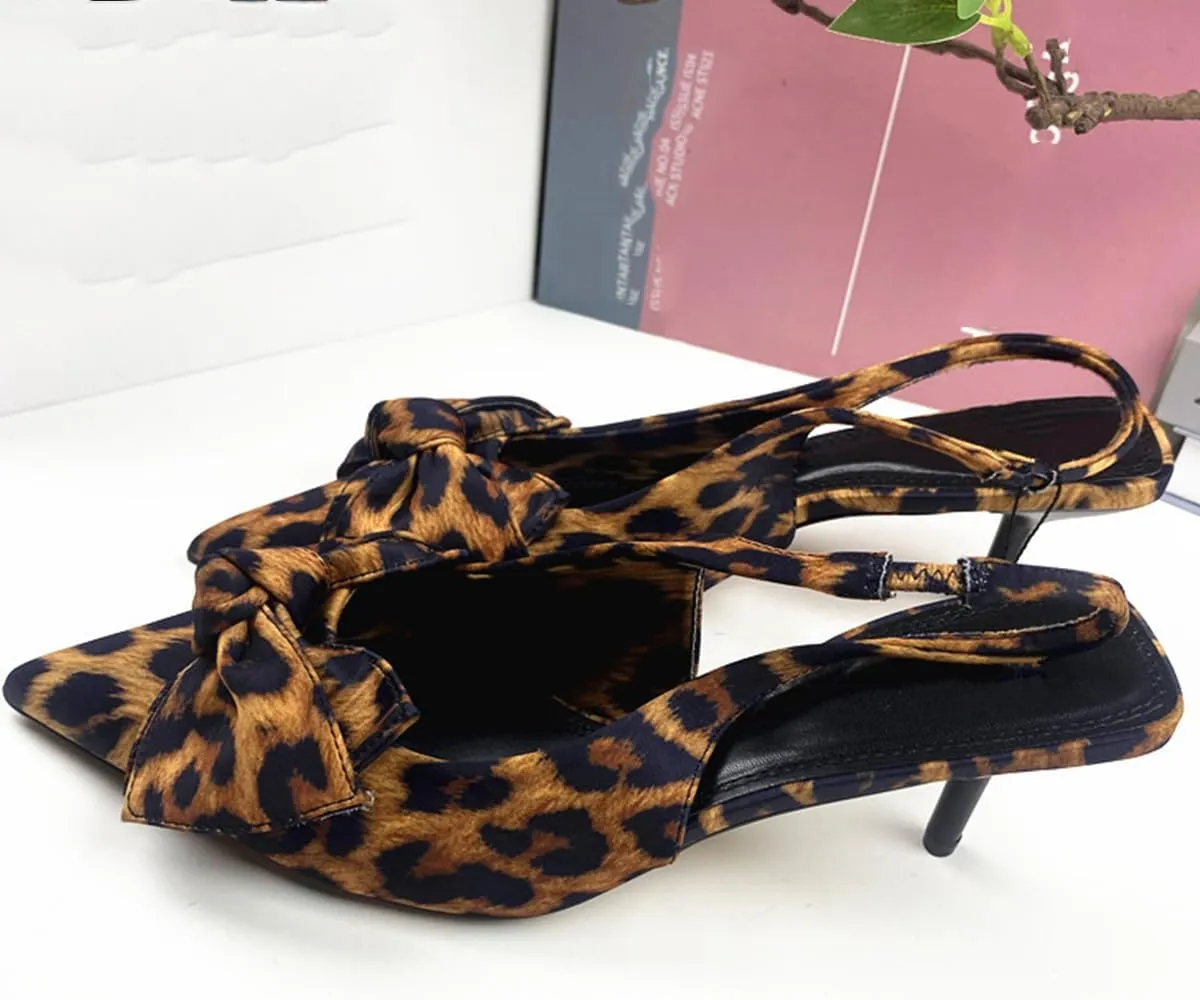 Leopard Kitten Heels Bow Sandals for Women Closed Point Toe Sling Back Heels Sandals