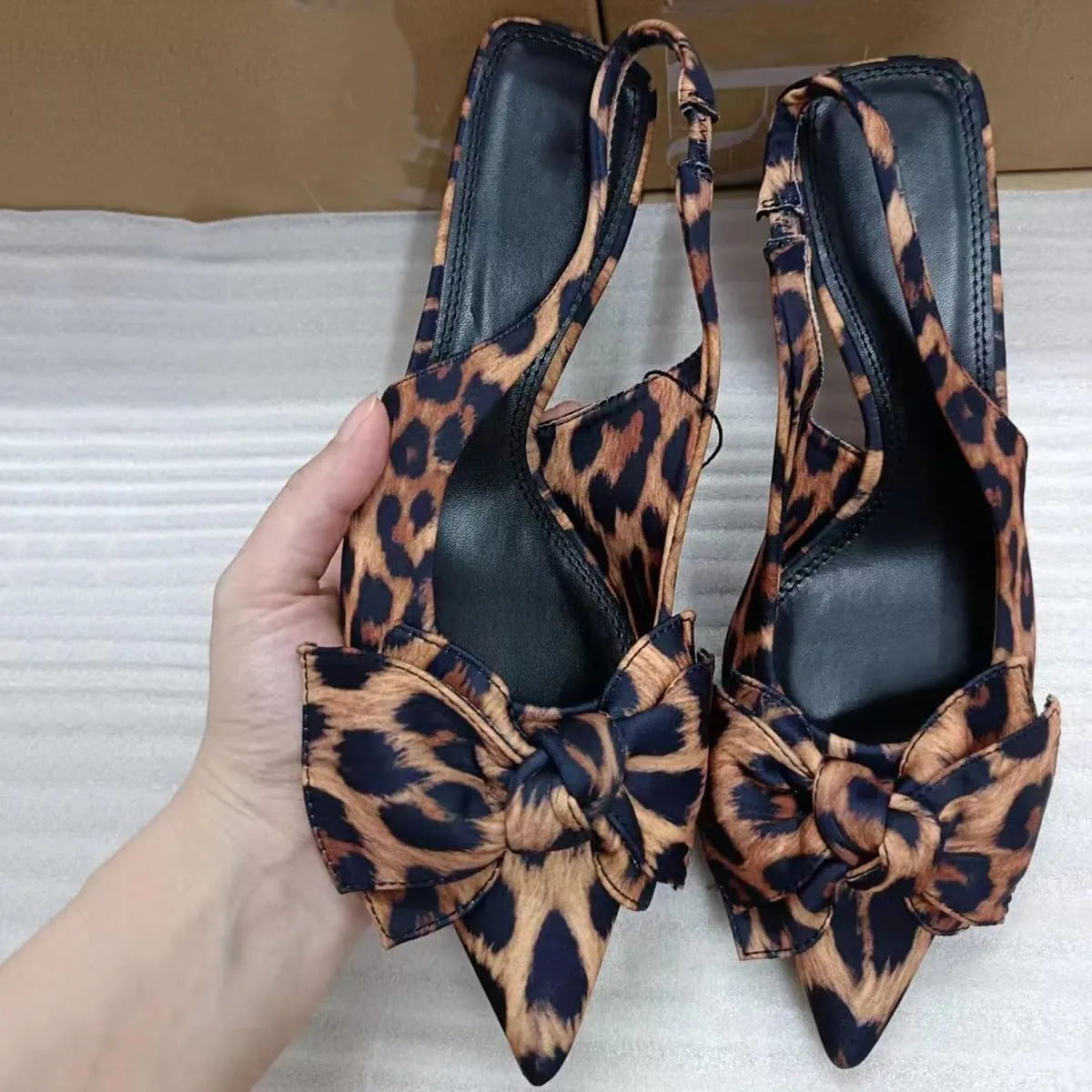 Leopard Kitten Heels Bow Sandals for Women Closed Point Toe Sling Back Heels Sandals