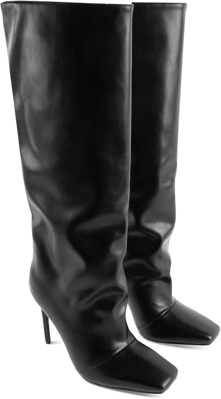 LingxiaUne Knee High Boots for Women Stylish Tall Boots With Square Toe Stiletto High Heel Pull On Women's Wide Calf Boots Classic Heeled Shoes For Ladies Party Prom Dressy Fall Winter Fashion