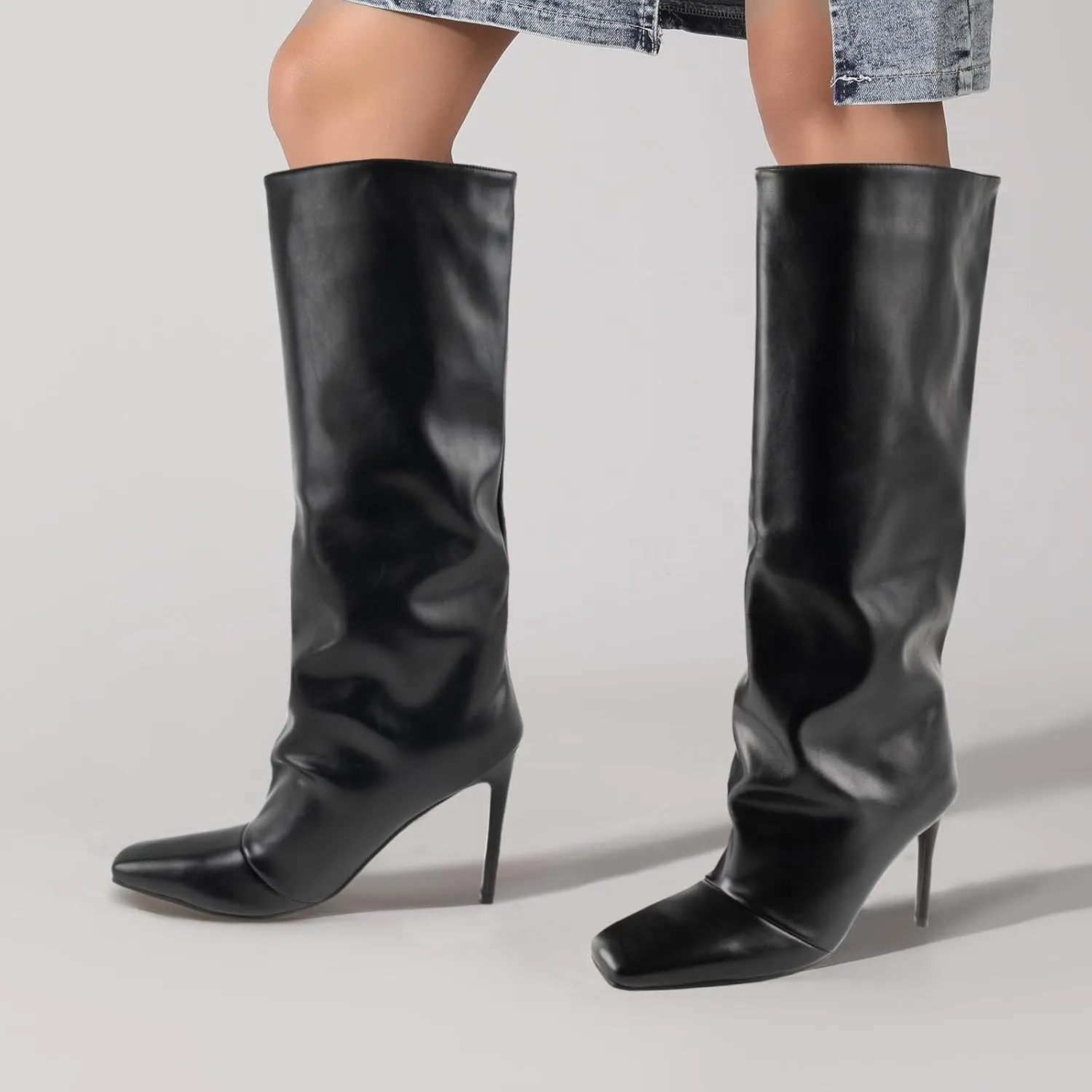 LingxiaUne Knee High Boots for Women Stylish Tall Boots With Square Toe Stiletto High Heel Pull On Women's Wide Calf Boots Classic Heeled Shoes For Ladies Party Prom Dressy Fall Winter Fashion