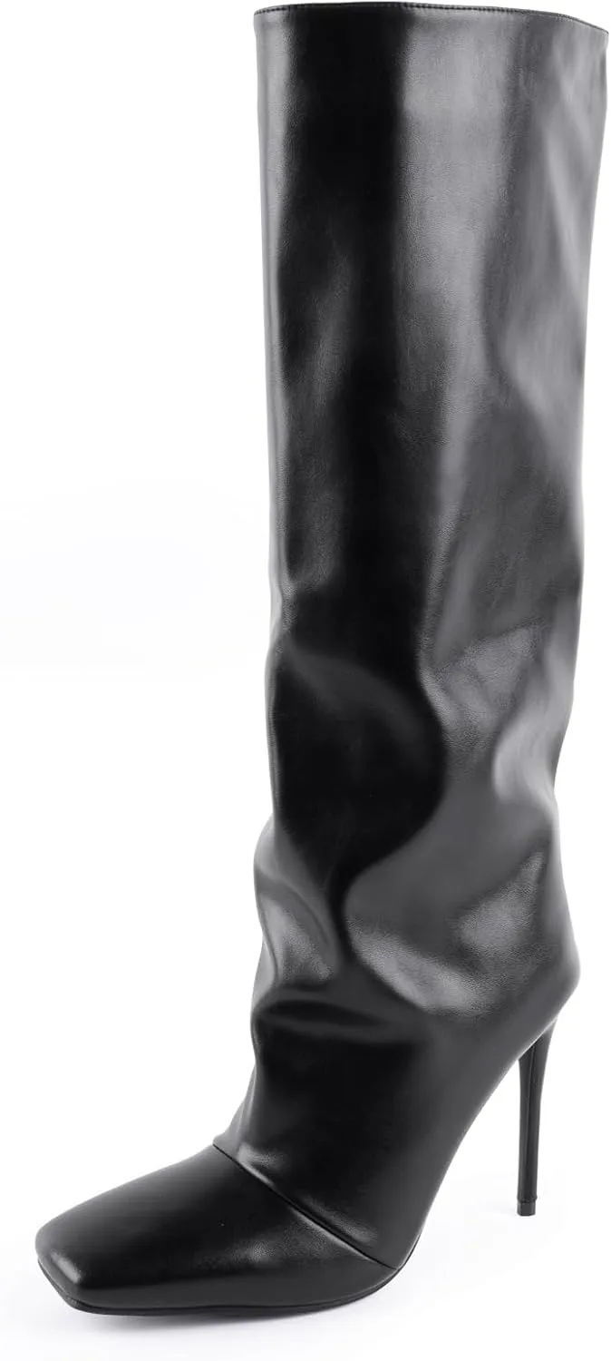 LingxiaUne Knee High Boots for Women Stylish Tall Boots With Square Toe Stiletto High Heel Pull On Women's Wide Calf Boots Classic Heeled Shoes For Ladies Party Prom Dressy Fall Winter Fashion