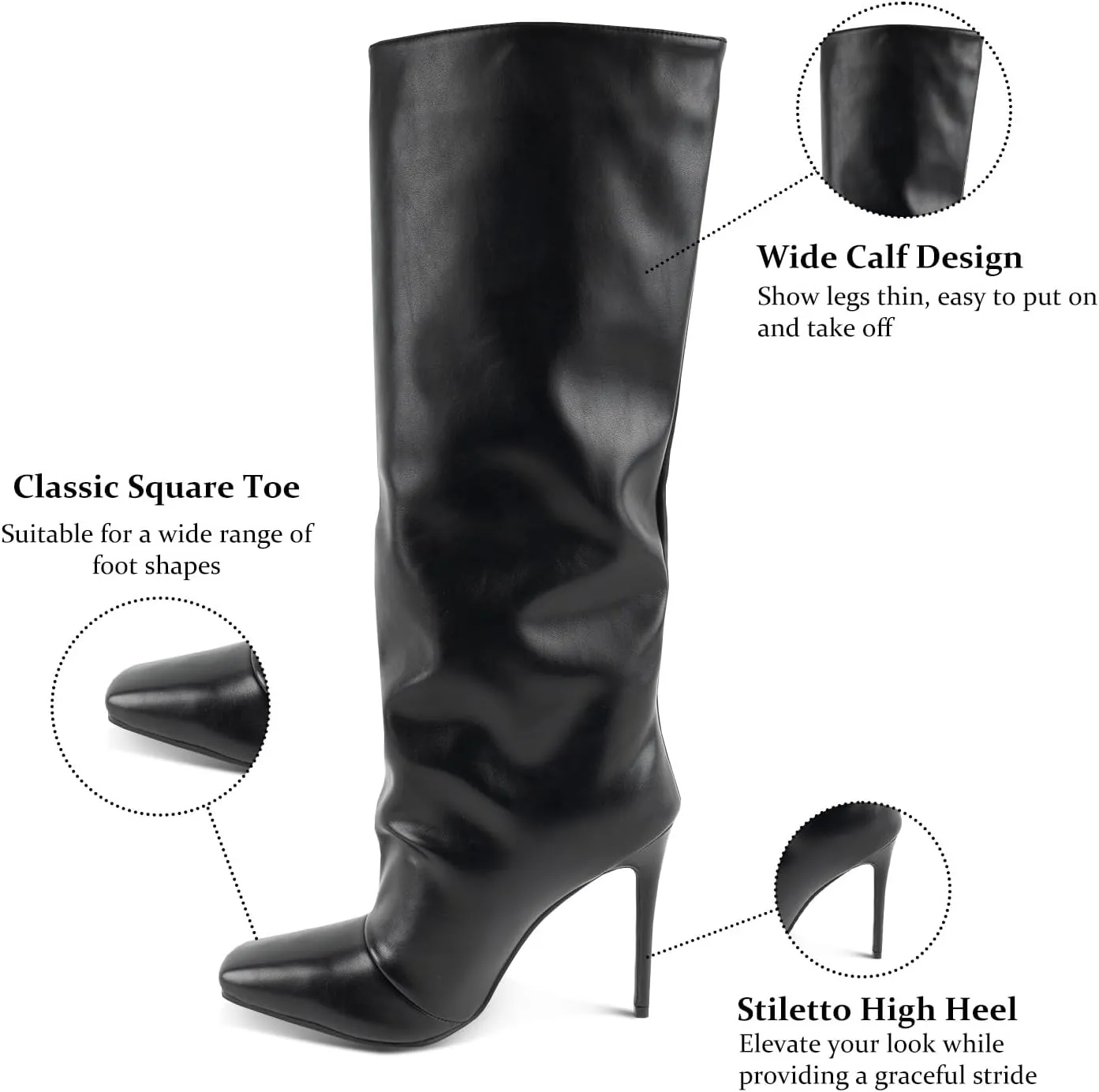 LingxiaUne Knee High Boots for Women Stylish Tall Boots With Square Toe Stiletto High Heel Pull On Women's Wide Calf Boots Classic Heeled Shoes For Ladies Party Prom Dressy Fall Winter Fashion