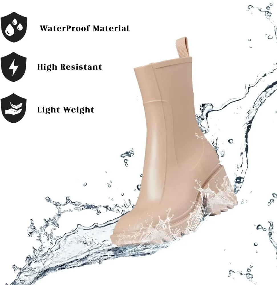 LinnOaks Rain Boots for Women Square Toe Zipper Mid Calf Boots Ladies Fashion Lug Sole Chunky Mid Heel Waterproof Work Winter Shoes Comfortable Outdoor Garden Boots for Women