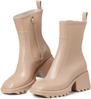 LinnOaks Rain Boots for Women Square Toe Zipper Mid Calf Boots Ladies Fashion Lug Sole Chunky Mid Heel Waterproof Work Winter Shoes Comfortable Outdoor Garden Boots for Women