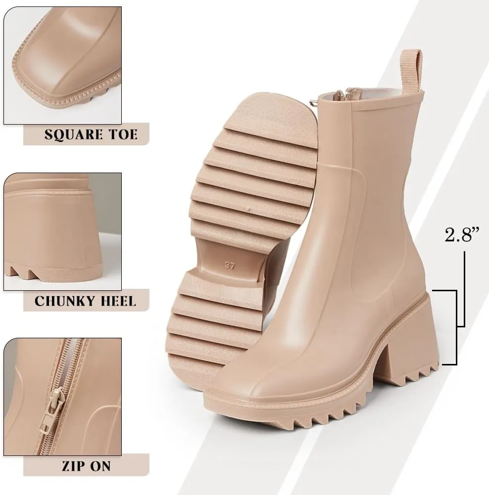 LinnOaks Rain Boots for Women Square Toe Zipper Mid Calf Boots Ladies Fashion Lug Sole Chunky Mid Heel Waterproof Work Winter Shoes Comfortable Outdoor Garden Boots for Women