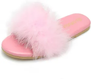 LIURUIJIA Women's Fluffy Feather Slippers Fur Slide Flat Sandals Cozy Slip On Stylish Summer Casual Party Indoor Outdoor Flats Shoes Pink 44-US 10