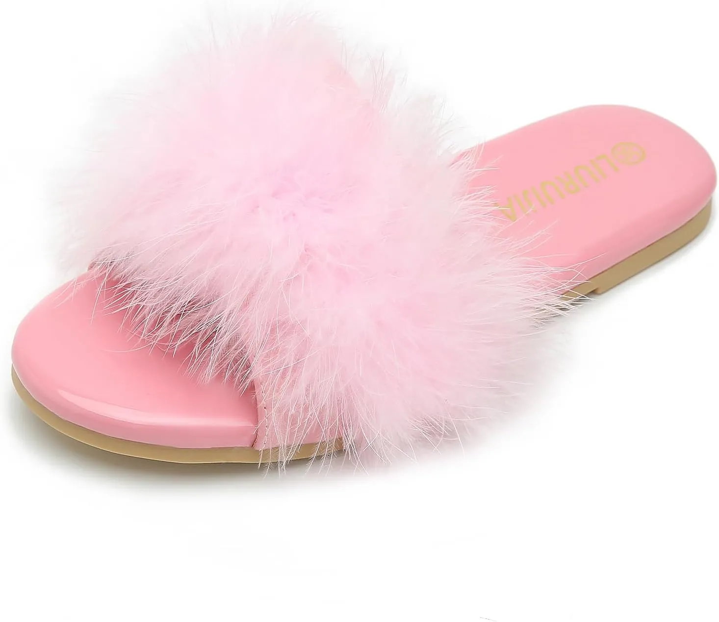 LIURUIJIA Women's Fluffy Feather Slippers Fur Slide Flat Sandals Cozy Slip On Stylish Summer Casual Party Indoor Outdoor Flats Shoes Pink 44-US 10