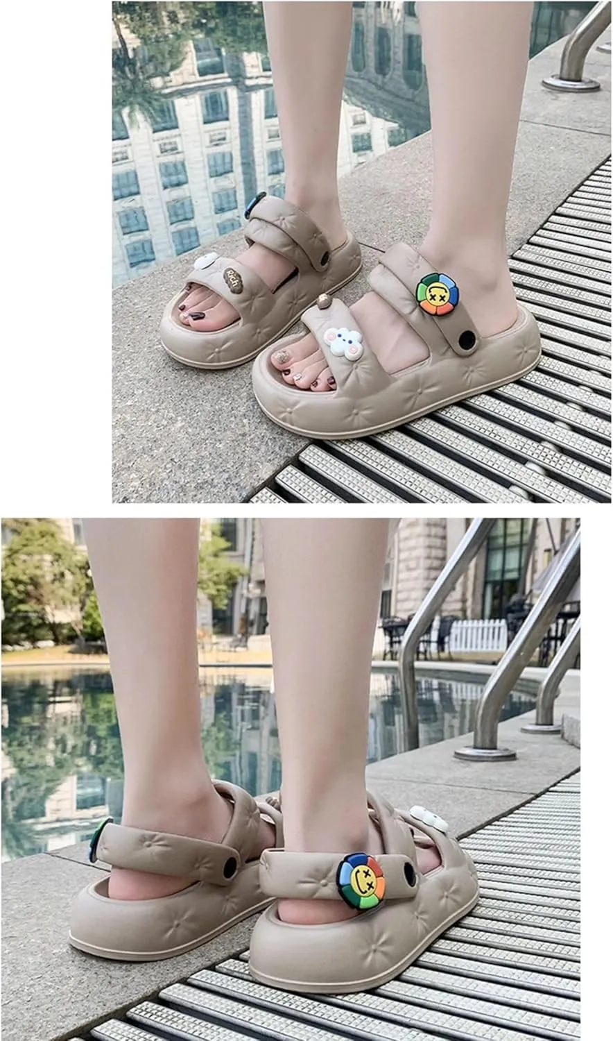 Loizziuy Women's Summer Floral Slip-On Sandals with Metal Chain Detail Thick Sole Boho Fairy Indoor Outdoor Slippers