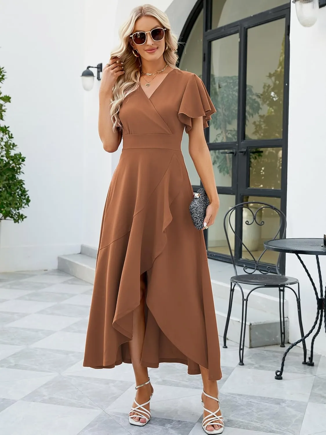 Long Black Formal Dresses for Women Gowns Evening Party Cocktail Dress,Split Elegant V Neck Wrap Ruffle Wedding Guest Dresses