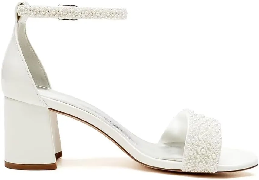 Low Block Heel Wedding Sandals Beaded Wedding Shoes for Bride Ankle Strap Bridal Heels