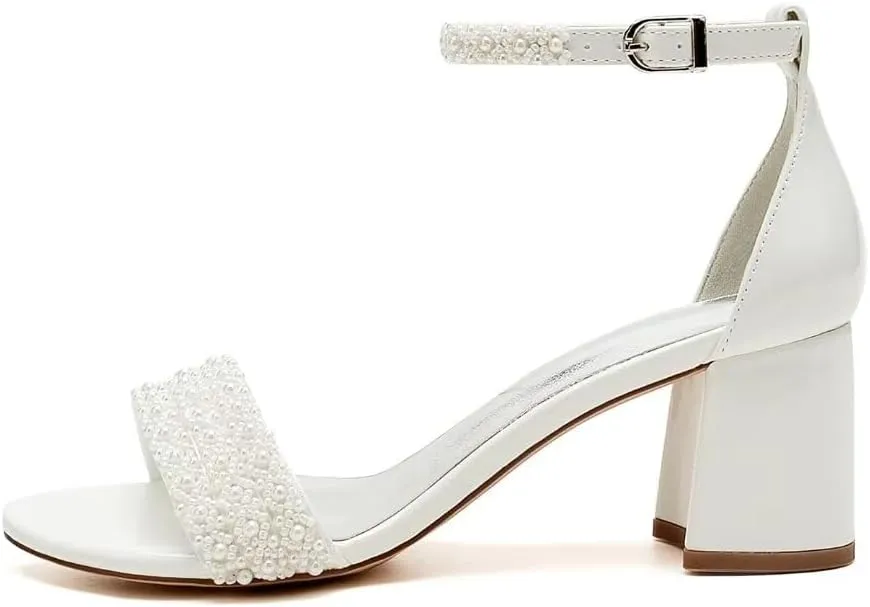 Low Block Heel Wedding Sandals Beaded Wedding Shoes for Bride Ankle Strap Bridal Heels