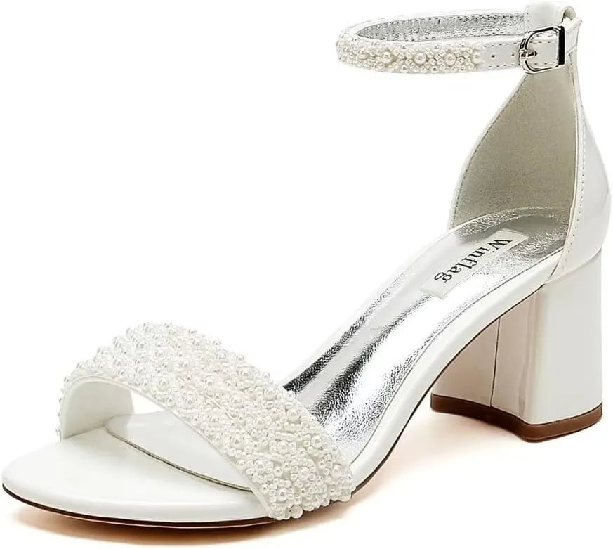 Low Block Heel Wedding Sandals Beaded Wedding Shoes for Bride Ankle Strap Bridal Heels