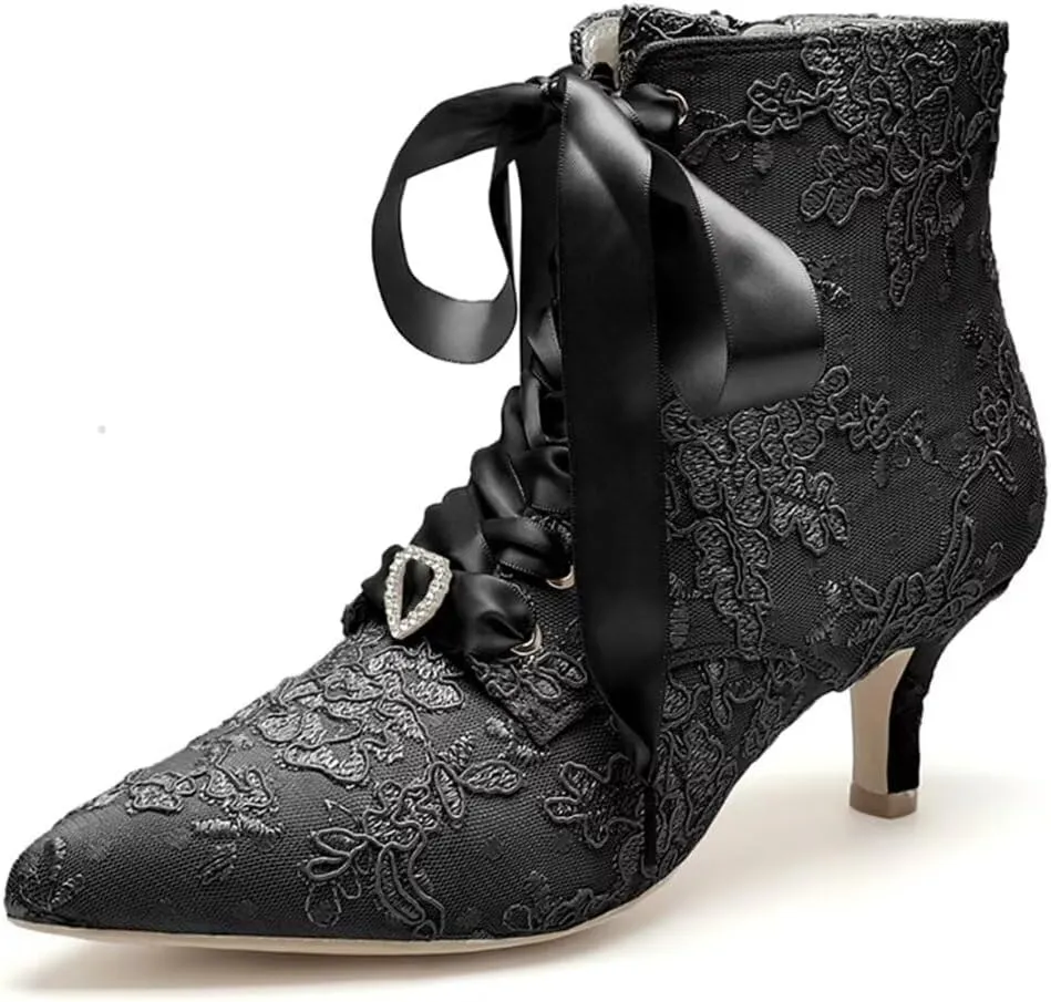 Low Heel Wedding Boots for Bride Lace Bridal Ankle Boots Wedding Shoes Bride Heels