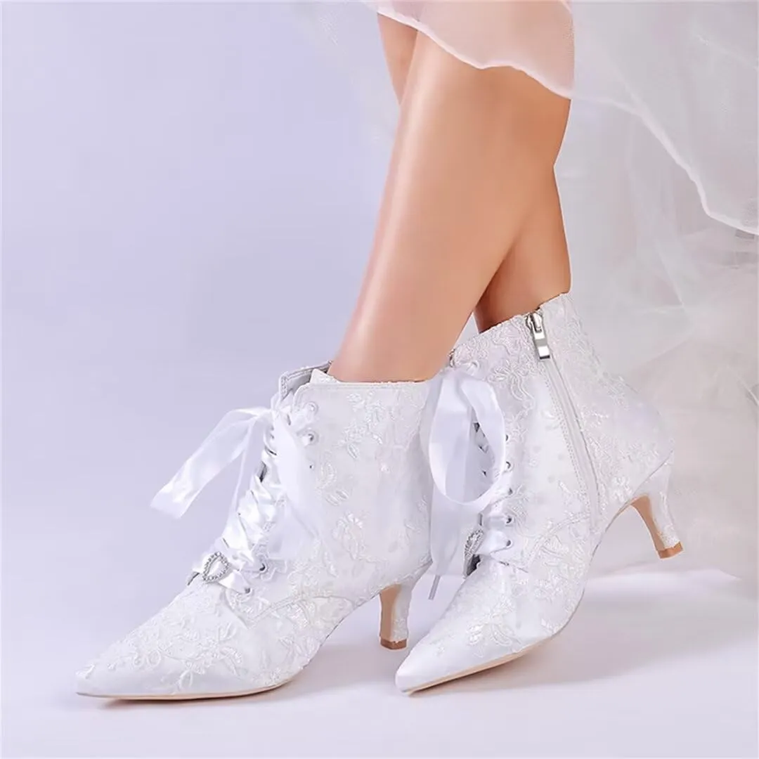 Low Heel Wedding Boots for Bride Lace Bridal Ankle Boots Wedding Shoes Bride Heels