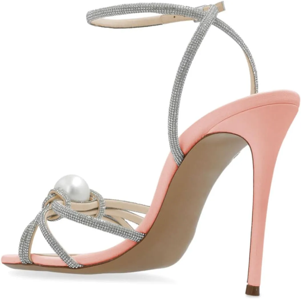 Maiyang Women Sexy Open Toe Rhinestone Strappy Pearl Sandals Thin High Heel Crossed Ankle Strap Summer Party Prom Club Shoes Size 4-16 US