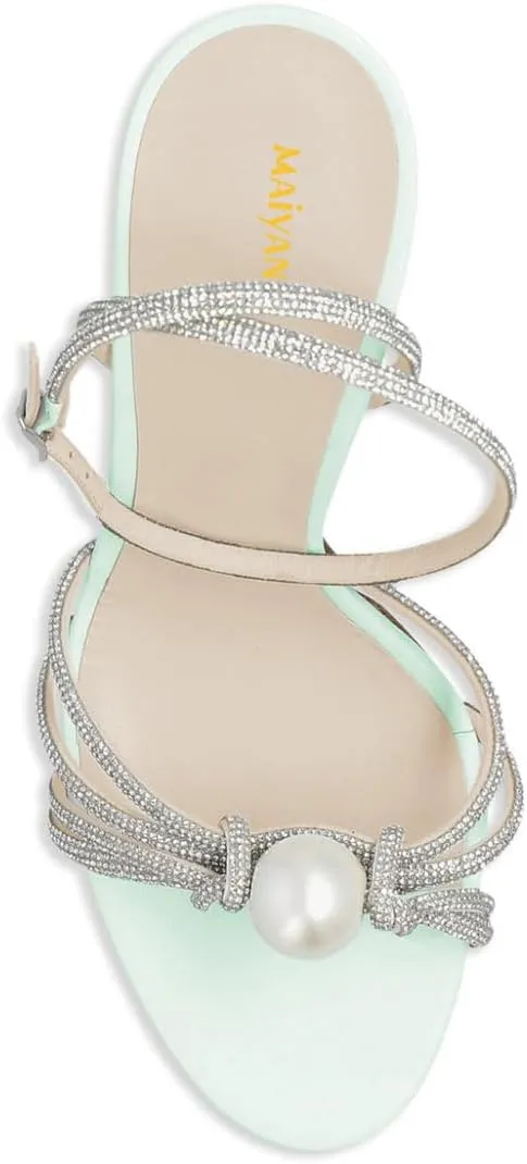 Maiyang Women Sexy Open Toe Rhinestone Strappy Pearl Sandals Thin High Heel Crossed Ankle Strap Summer Party Prom Club Shoes Size 4-16 US