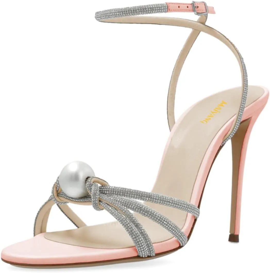 Maiyang Women Sexy Open Toe Rhinestone Strappy Pearl Sandals Thin High Heel Crossed Ankle Strap Summer Party Prom Club Shoes Size 4-16 US