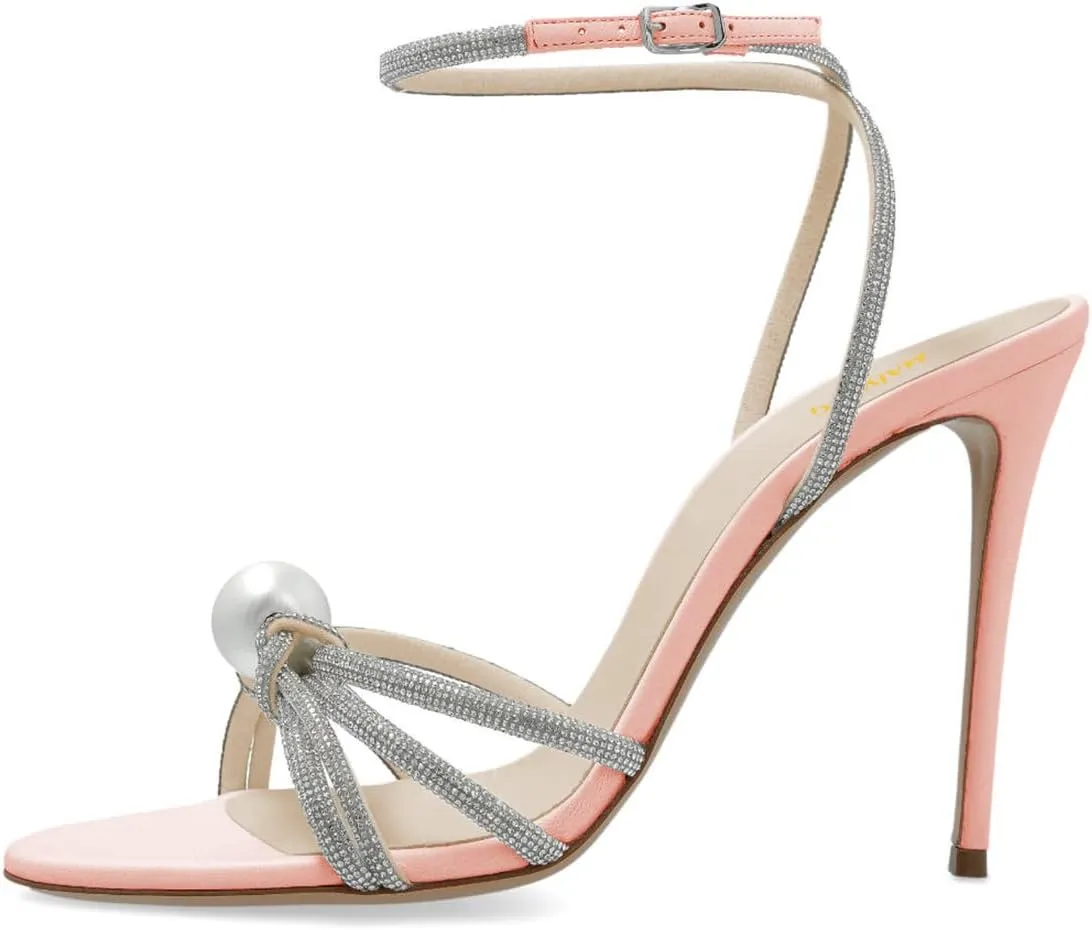 Maiyang Women Sexy Open Toe Rhinestone Strappy Pearl Sandals Thin High Heel Crossed Ankle Strap Summer Party Prom Club Shoes Size 4-16 US