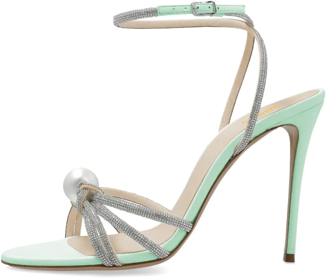 Maiyang Women Sexy Open Toe Rhinestone Strappy Pearl Sandals Thin High Heel Crossed Ankle Strap Summer Party Prom Club Shoes Size 4-16 US