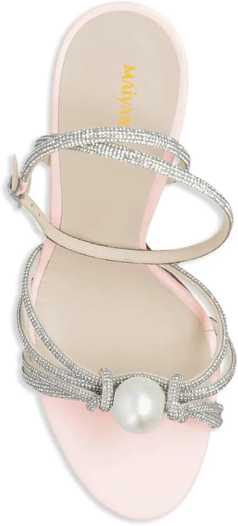 Maiyang Women Sexy Open Toe Rhinestone Strappy Pearl Sandals Thin High Heel Crossed Ankle Strap Summer Party Prom Club Shoes Size 4-16 US