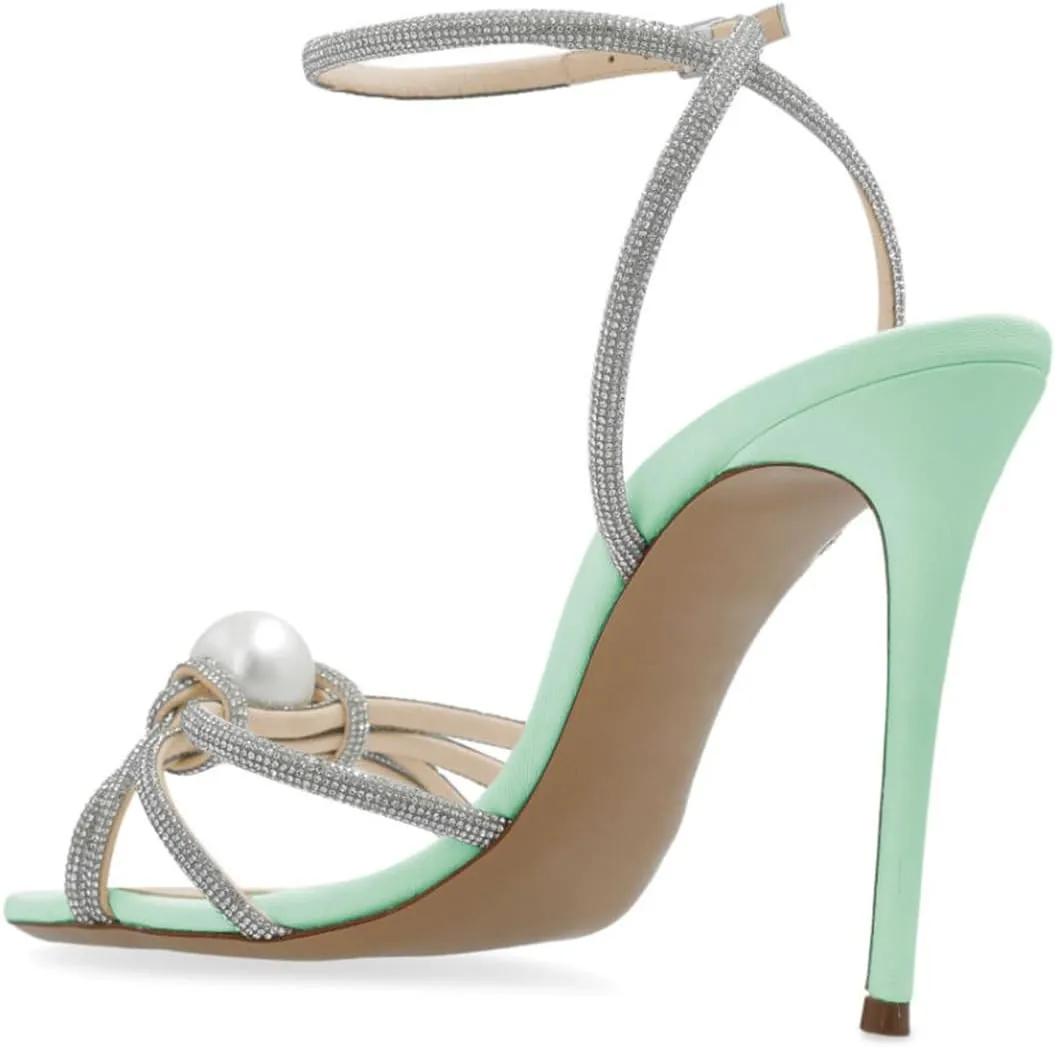 Maiyang Women Sexy Open Toe Rhinestone Strappy Pearl Sandals Thin High Heel Crossed Ankle Strap Summer Party Prom Club Shoes Size 4-16 US
