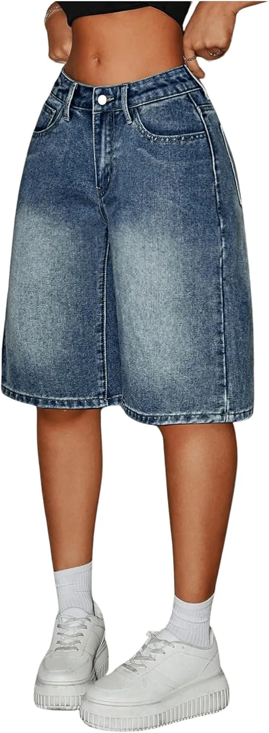 MakeMeChic Women's Y2k Straight Leg Denim Shorts High Waisted Zip Up Knee Length Vintage Casual Jean Shorts
