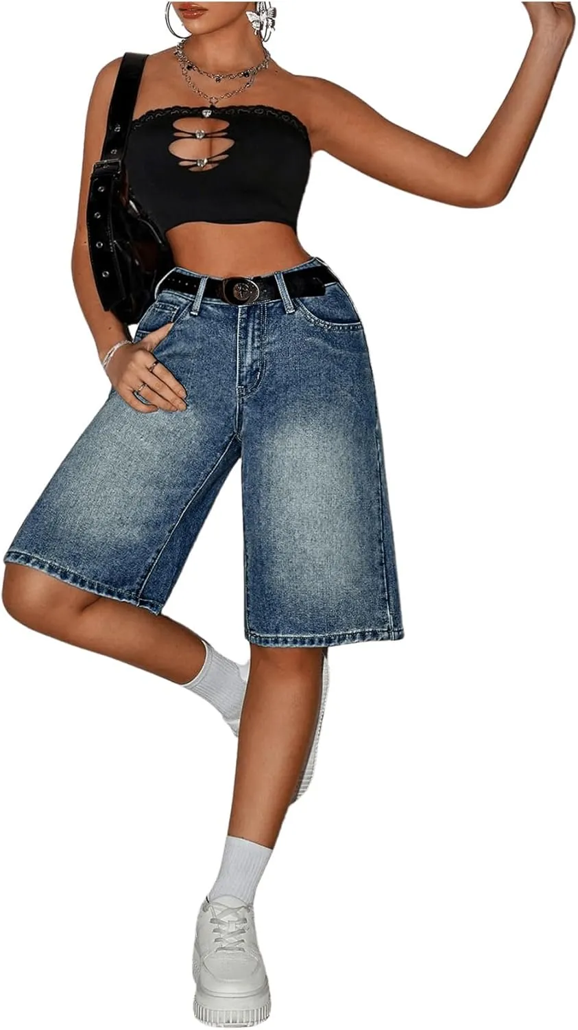 MakeMeChic Women's Y2k Straight Leg Denim Shorts High Waisted Zip Up Knee Length Vintage Casual Jean Shorts