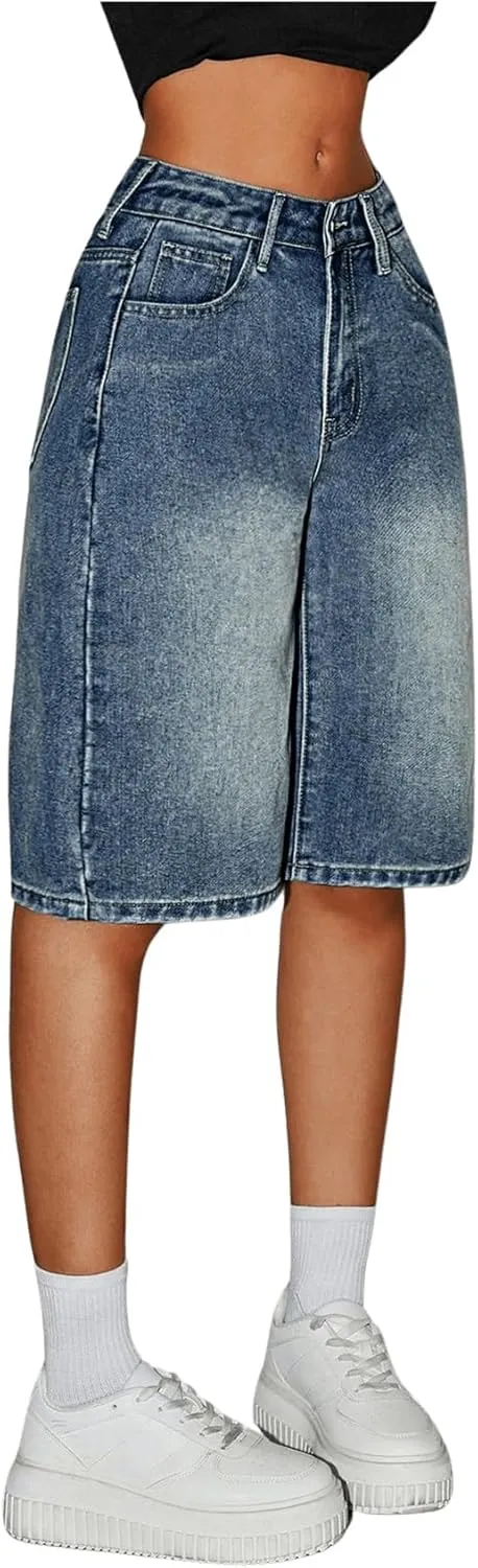 MakeMeChic Women's Y2k Straight Leg Denim Shorts High Waisted Zip Up Knee Length Vintage Casual Jean Shorts