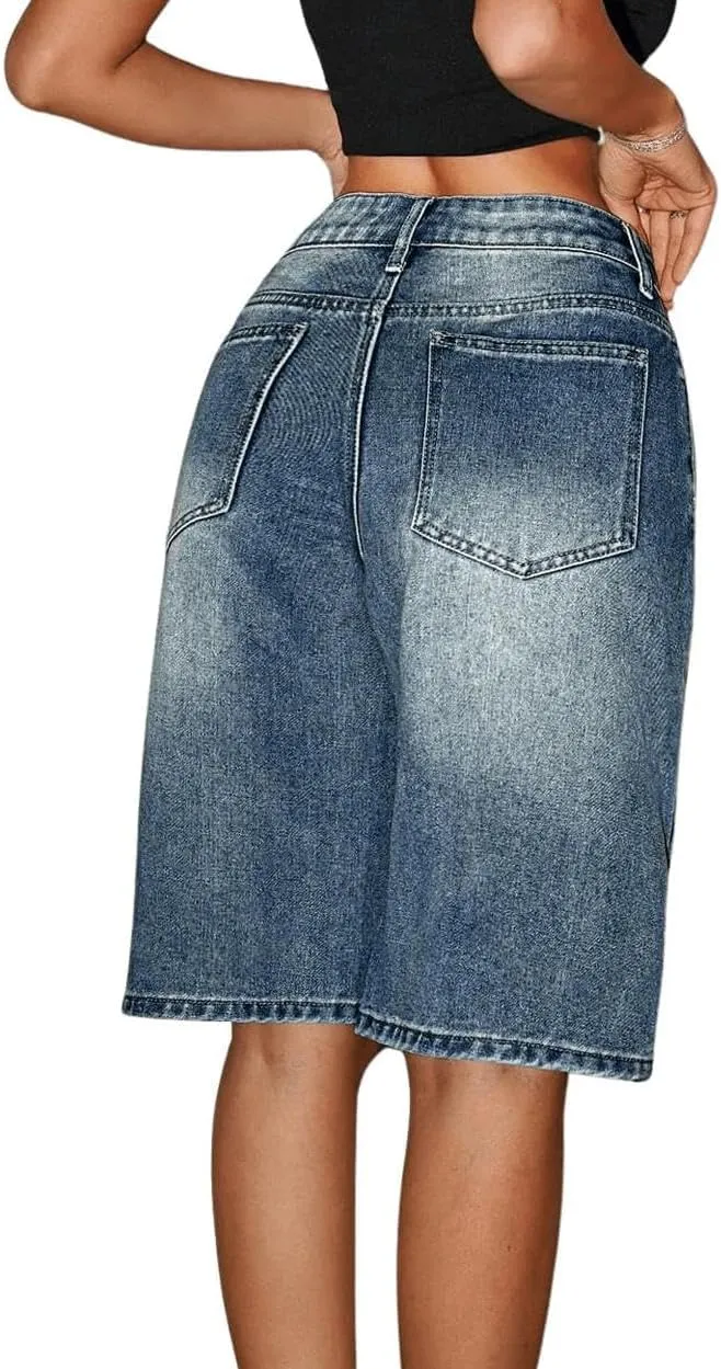 MakeMeChic Women's Y2k Straight Leg Denim Shorts High Waisted Zip Up Knee Length Vintage Casual Jean Shorts