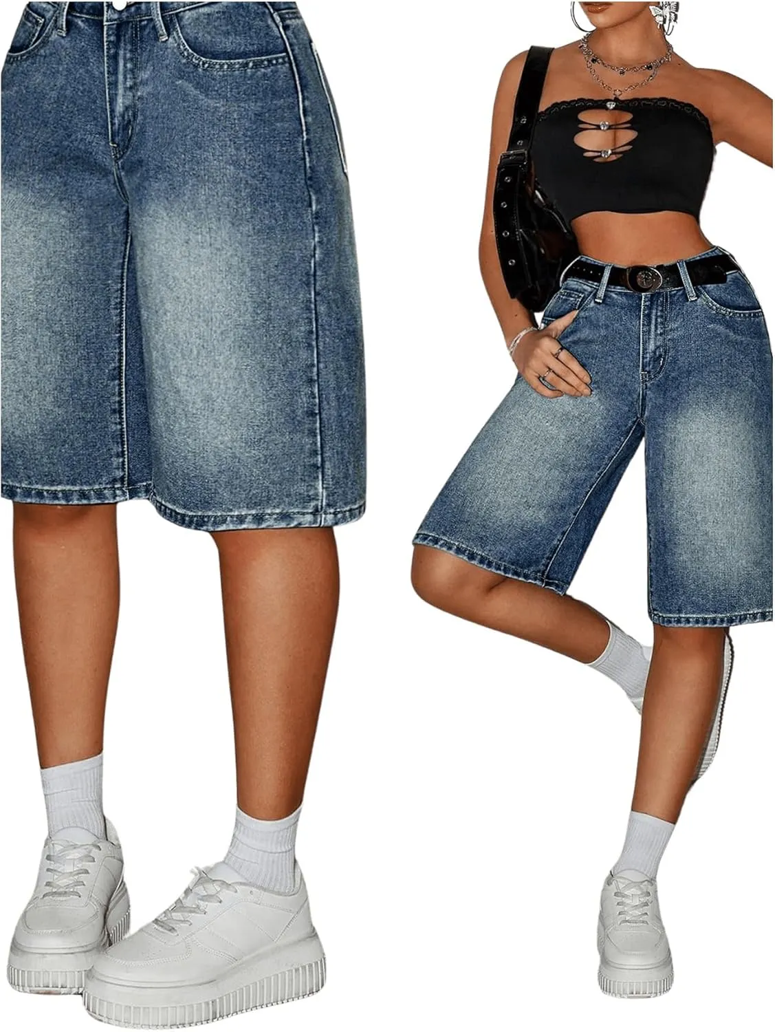 MakeMeChic Women's Y2k Straight Leg Denim Shorts High Waisted Zip Up Knee Length Vintage Casual Jean Shorts