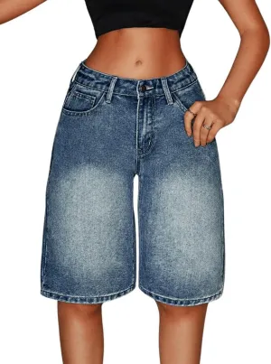 MakeMeChic Women's Y2k Straight Leg Denim Shorts High Waisted Zip Up Knee Length Vintage Casual Jean Shorts