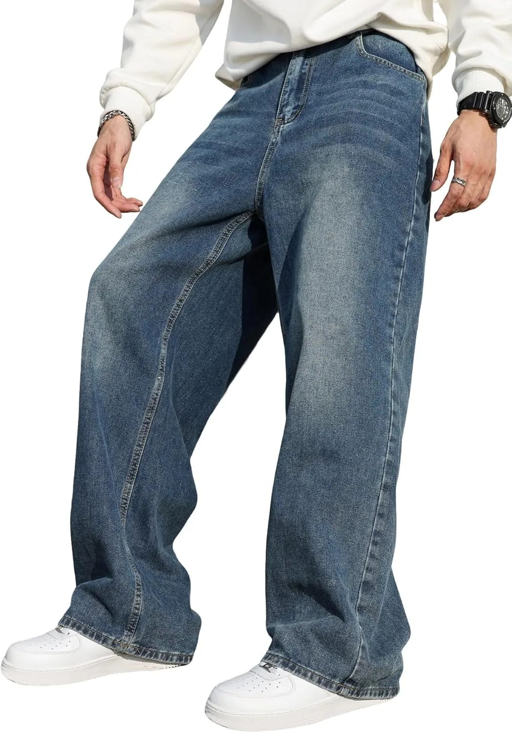 Men's Baggy Hip Hop Jeans Wide Leg Skater Denim Pants Casual Loose Fit Long Trousers Streetwear