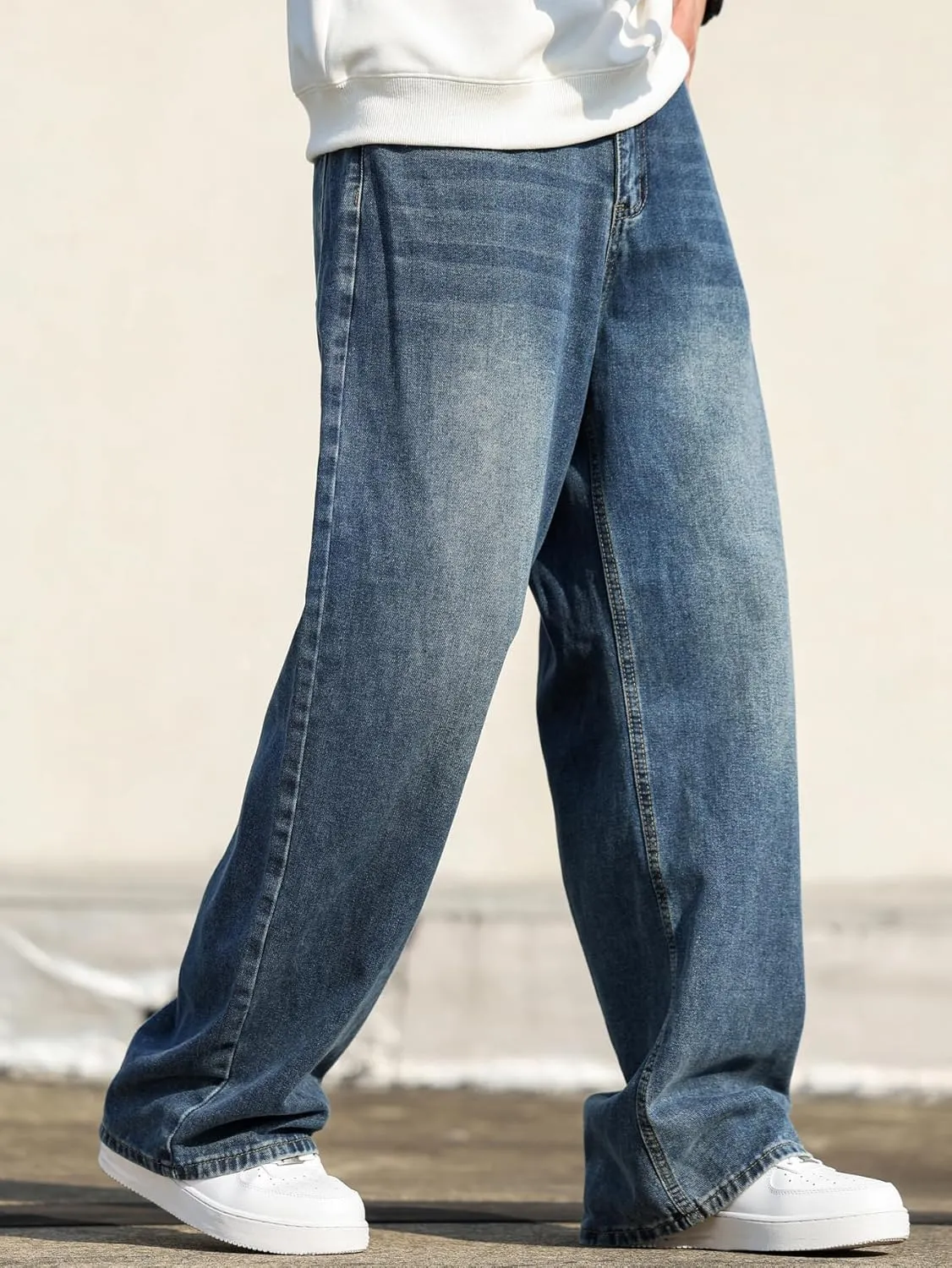 Men's Baggy Hip Hop Jeans Wide Leg Skater Denim Pants Casual Loose Fit Long Trousers Streetwear