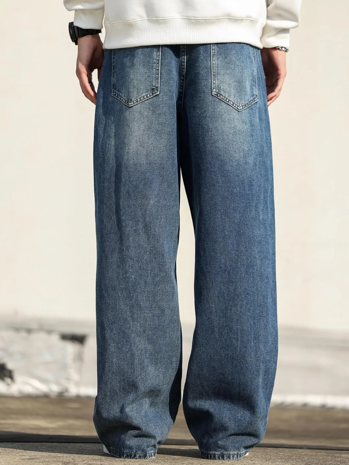 Men's Baggy Hip Hop Jeans Wide Leg Skater Denim Pants Casual Loose Fit Long Trousers Streetwear