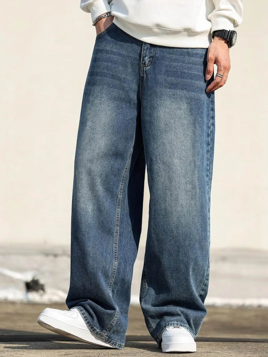 Men's Baggy Hip Hop Jeans Wide Leg Skater Denim Pants Casual Loose Fit Long Trousers Streetwear