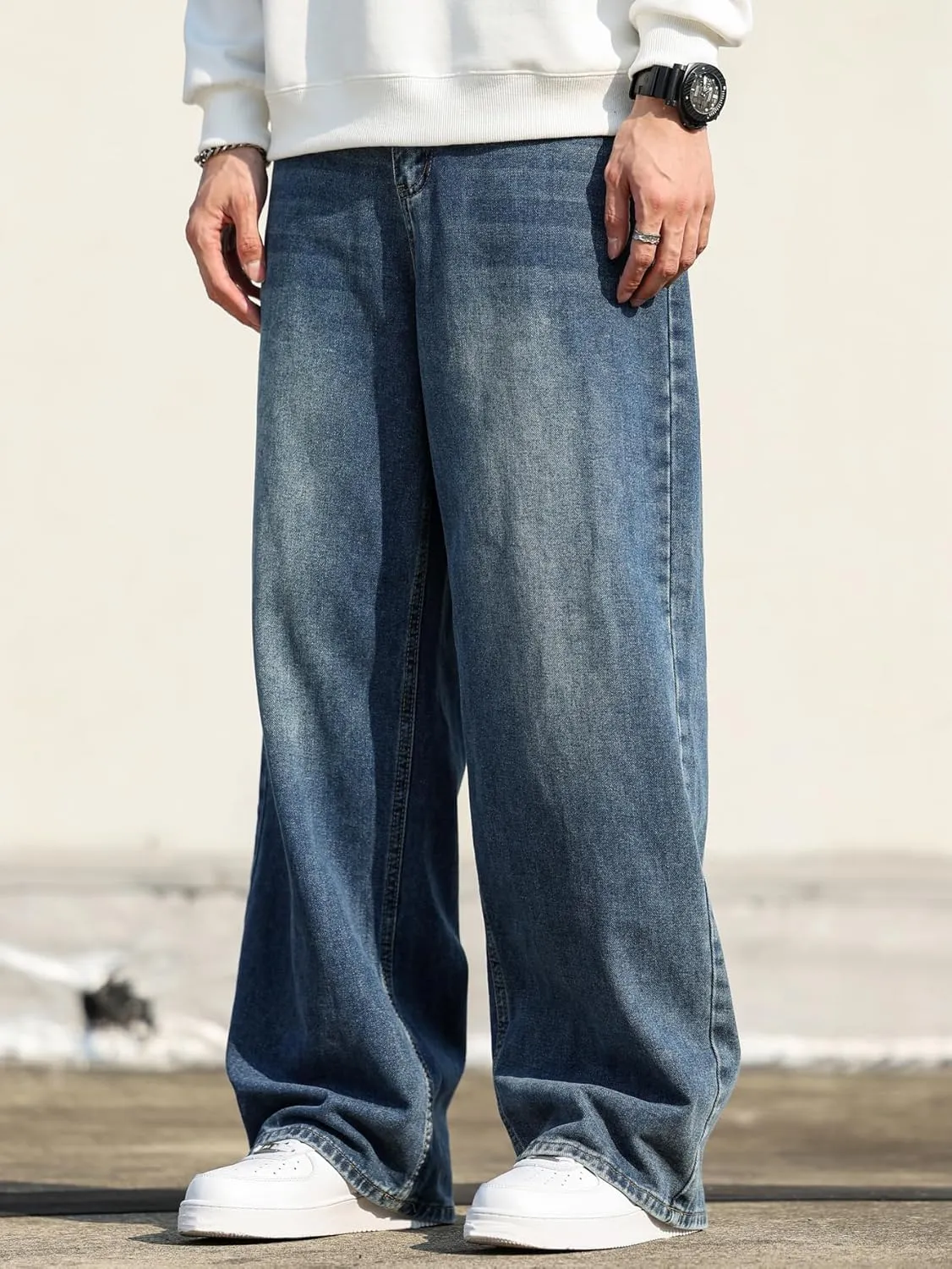 Men's Baggy Hip Hop Jeans Wide Leg Skater Denim Pants Casual Loose Fit Long Trousers Streetwear