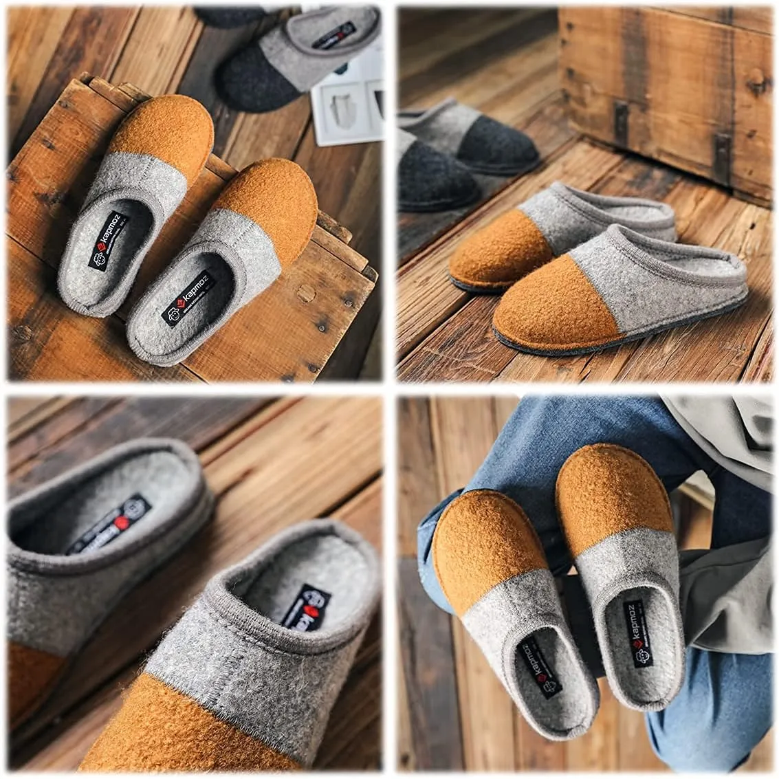Men's Boiled Wool House Slippers Breathable Winter Warm Slip on Mules Indoor/Outdoor Slipper for Women Two Tone Cap Toe Clog