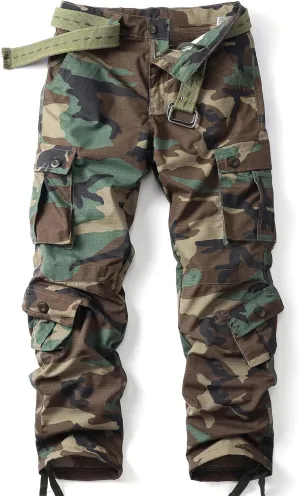 Men's Camo Cargo Work Pants Ripstop Lightweight Wild Army Military BDU Outdoor Trousers with 8 Pocktets (No Belt)