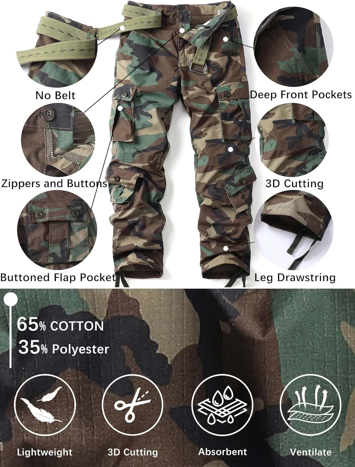 Men's Camo Cargo Work Pants Ripstop Lightweight Wild Army Military BDU Outdoor Trousers with 8 Pocktets (No Belt)