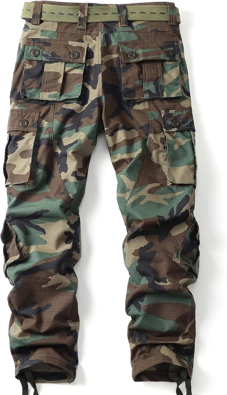 Men's Camo Cargo Work Pants Ripstop Lightweight Wild Army Military BDU Outdoor Trousers with 8 Pocktets (No Belt)