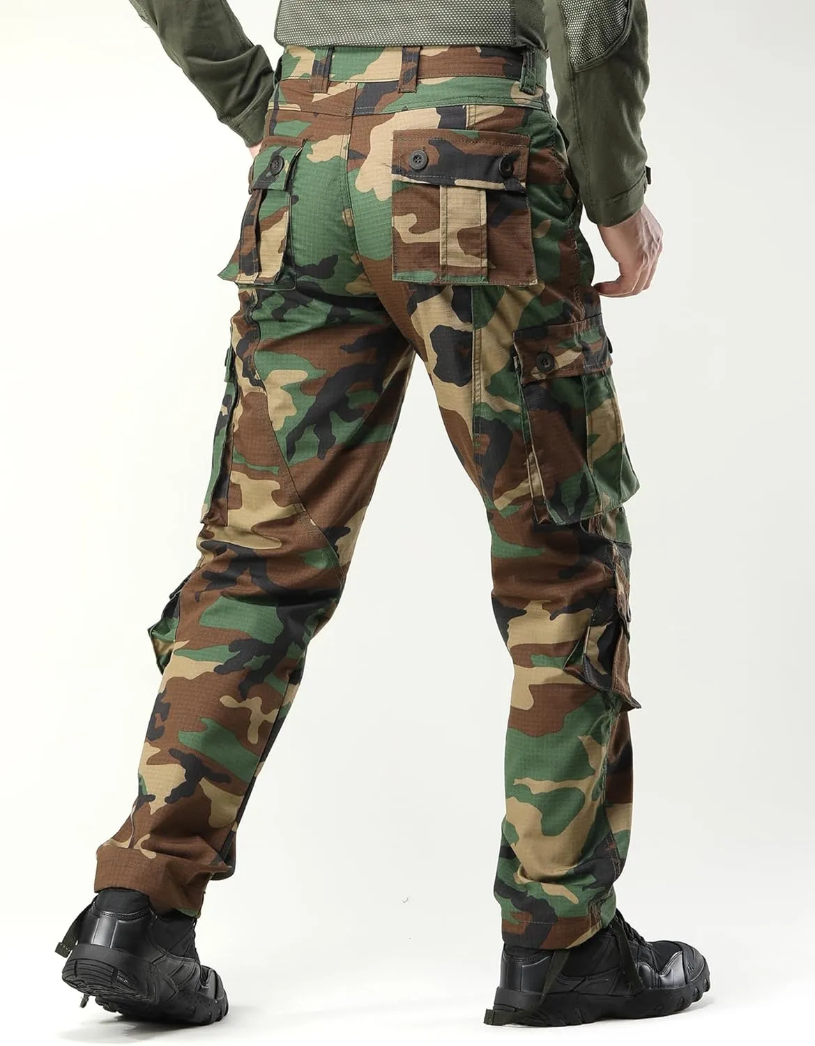 Men's Camo Cargo Work Pants Ripstop Lightweight Wild Army Military BDU Outdoor Trousers with 8 Pocktets (No Belt)