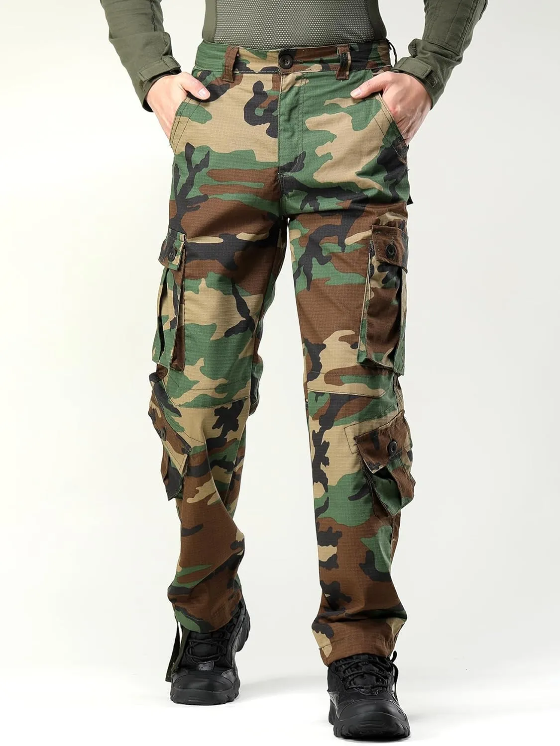 Men's Camo Cargo Work Pants Ripstop Lightweight Wild Army Military BDU Outdoor Trousers with 8 Pocktets (No Belt)