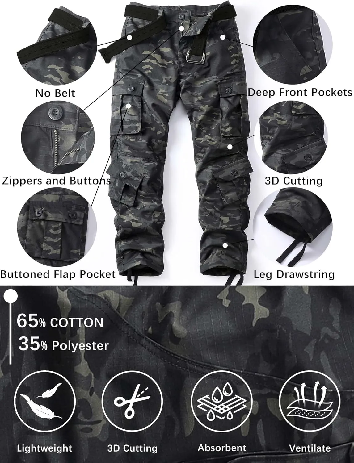 Men's Camo Cargo Work Pants Ripstop Lightweight Wild Army Military BDU Outdoor Trousers with 8 Pocktets (No Belt)