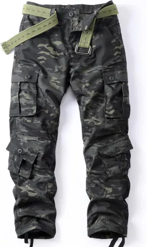 Men's Camo Cargo Work Pants Ripstop Lightweight Wild Army Military BDU Outdoor Trousers with 8 Pocktets (No Belt)