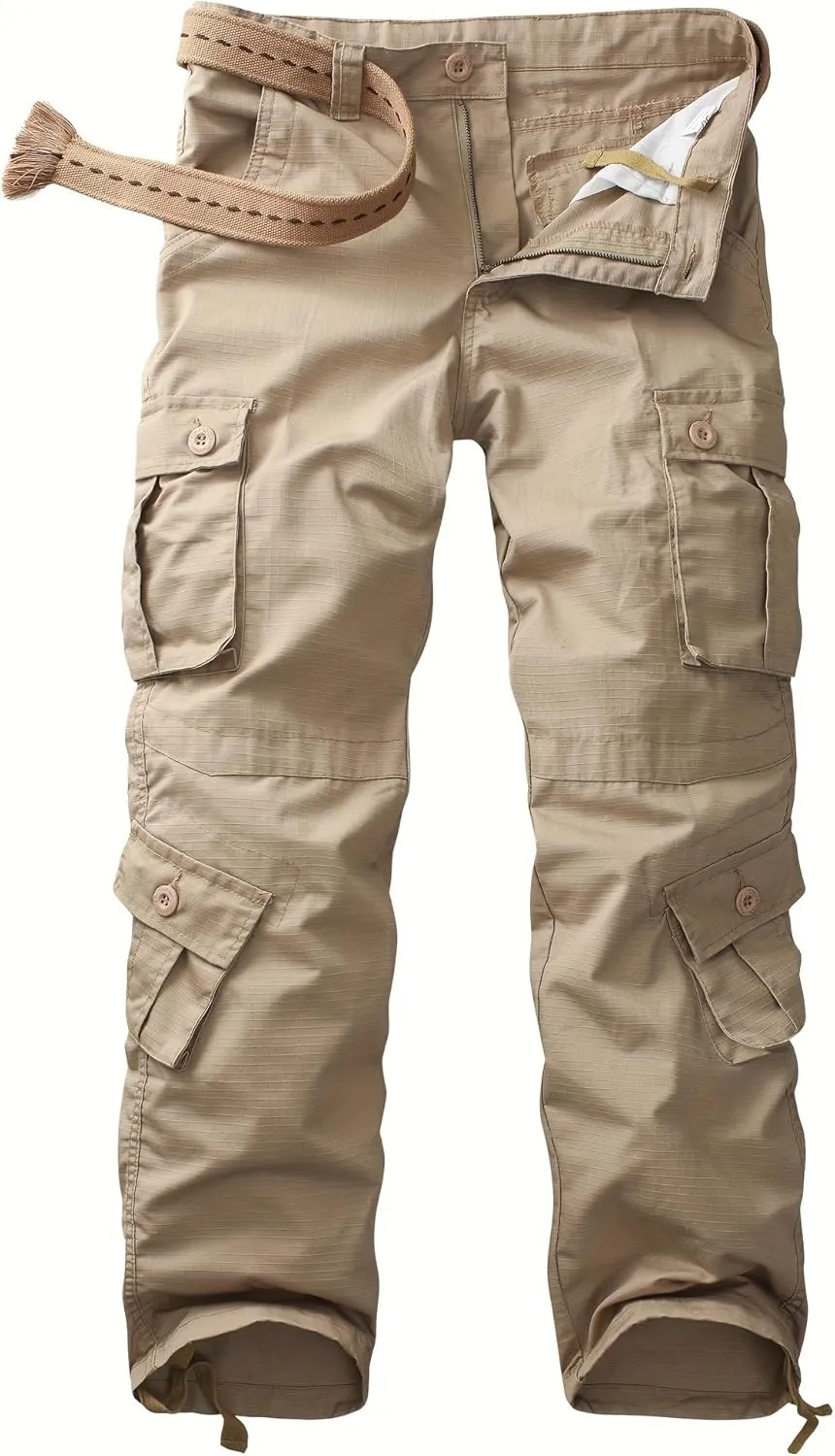 Men's Camo Cargo Work Pants Ripstop Lightweight Wild Army Military BDU Outdoor Trousers with 8 Pocktets (No Belt)
